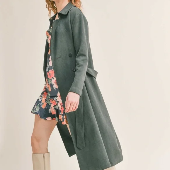 Like New, sᴀᴅɪᴇ & sᴀɢᴇ, Women's Microsuede Trench Coat I Dark Green, sᴍᴀʟʟ